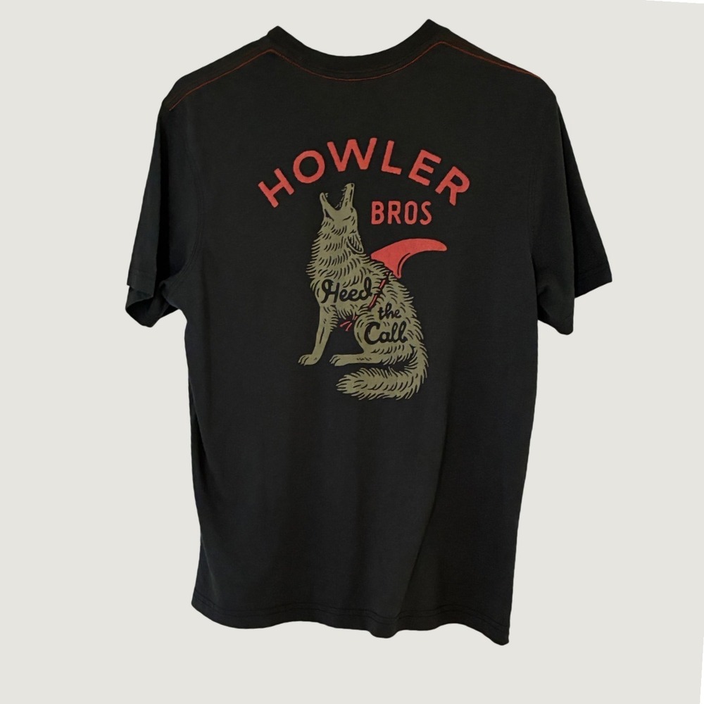 Howler Bros Pocket T-Shirt Mens Small Black Heed the Call Wolf Graphic Tee